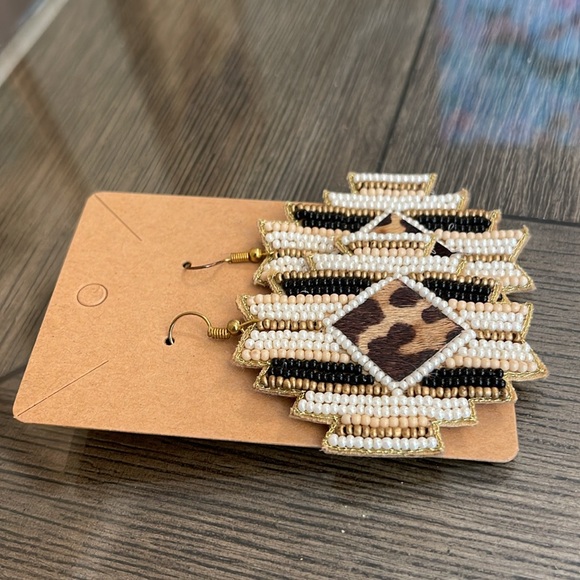Aztec Shape, Seed Bead, Animal Pattern Fur, Fabric Earrings - Picture 8 of 13